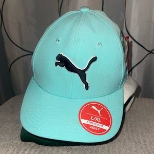 Puma Logo Hat Baseball Cap Athletic One Size Turquoise  L/XL Flex Fitted Adults.